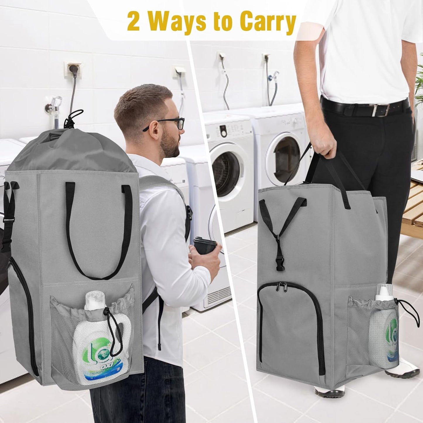 Laundry Bag Backpack Extra Large, 110L Laundry Backpack Heavy Duty with Shoulder Straps, Collapsible and Mesh Pocket Dorm Laundry Basket Hamper Bag for College, Travel, Laundromat, Apartment Grey