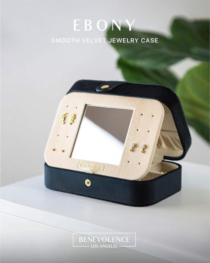 Benevolence LA Plush Velvet Travel Jewelry Storage Box | Earring Organizer with Mirror | Small Case for Women's Accessories | Gift for Mom, Sister, Girlfriend - Ebony