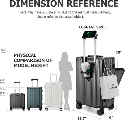 feilario 20in Aluminium Frame PC Hard Shell Spinner Wheels Luggage, Built-In TSA lock Carry on Suitcase, with Cup Holder, USB Port, Phone Holder