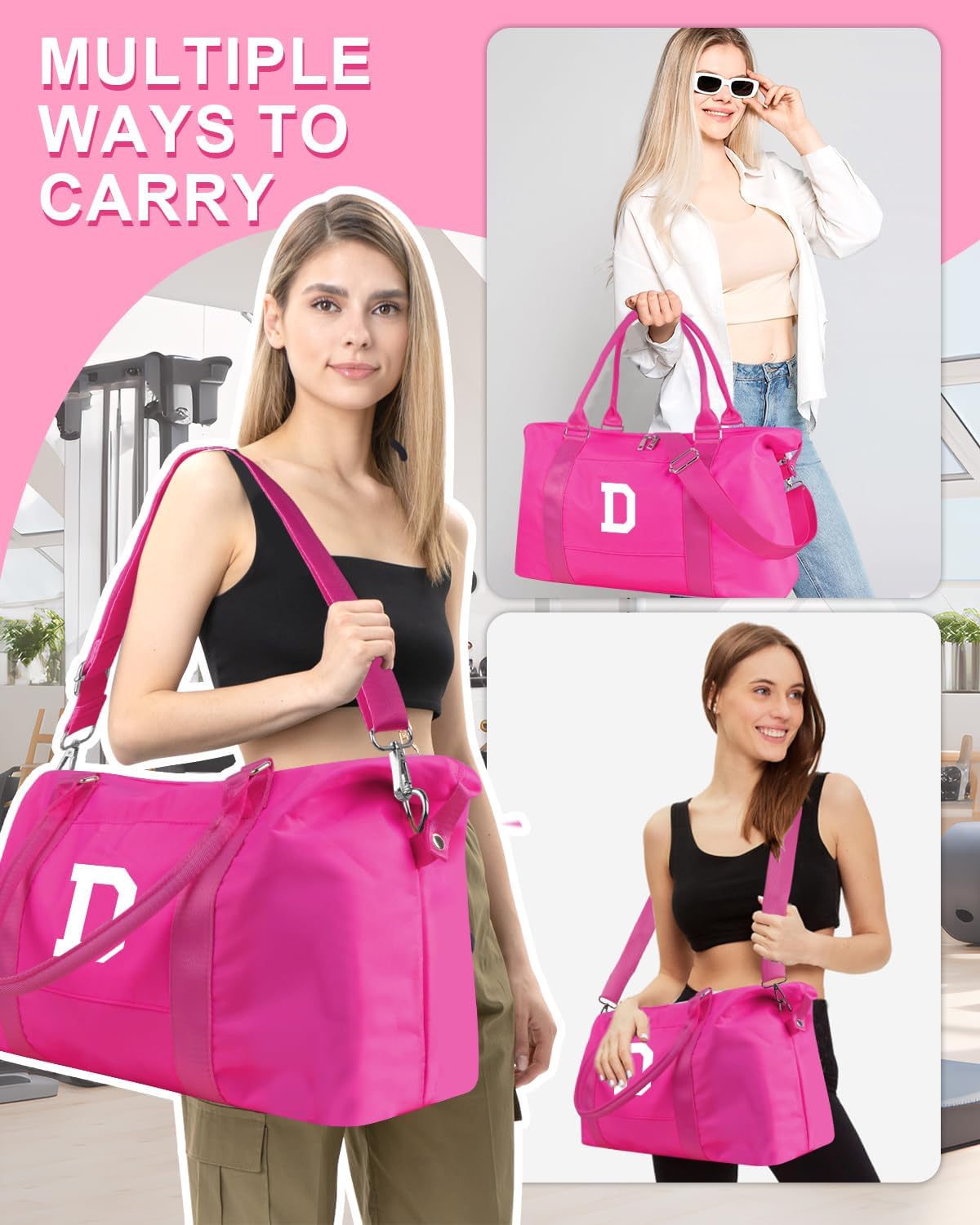 Overnight Bag for Kids Teen Girls Weekender Dance Bag Birthday Graduation Gifts,Initial Travel Duffel Bag Sports Gym Bag Personalized Weekender Bag Carry On Bags Preppy Gifts for Women(Hot Pink, D)