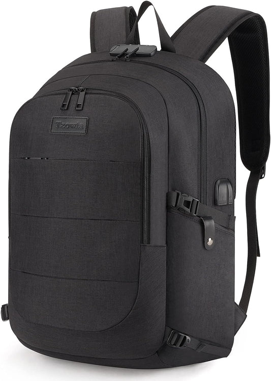 Tzowla Anti-Theft Water Resistant 17.3 Inch Laptop Backpack with USB Charging Port and Lock, Black
