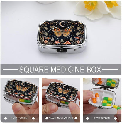 Metal 2 Compartment Pill Organizer Travel Friendly Portable Compact Pill Box Cute Pill Case,for Pocket Wallets Daily Portable Medicine Vitamin Tablet Storage (Butterfly)