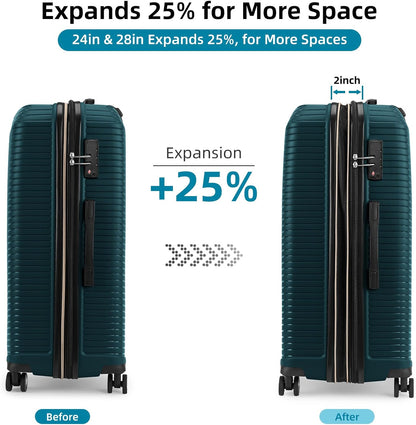 LEAVES KING LARVENDER Luggage Sets 5 Piece, Expandable(Only 24"&28") PP Suitcase with Spinner Wheels, Durable Luggage Sets Clearance Carry On Luggage Suitcase Set For Women Men, Dark Green