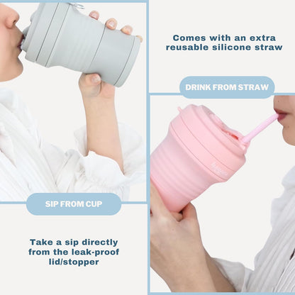 HANARA Collapsible Cup with Reusable Straw – 18 Oz (550 Ml), Portable Travel Mug, BPA-Free, Leak-Proof, Microwave & Dishwasher Safe, Multi-Purpose for Hot & Cold Drinks – Sky Blue