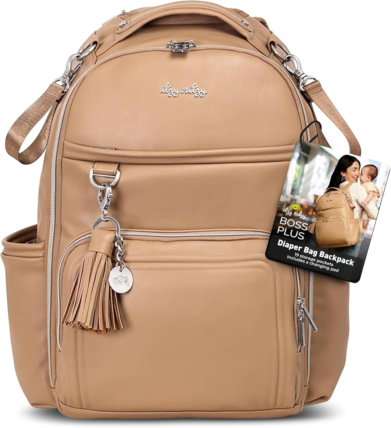 Itzy Ritzy Diaper Bag Backpack – Large Capacity Boss Plus Baby Backpack Diaper Bag Featuring 19 Pockets, Changing Pad, Stroller Clips, and Comfortable Straps (Chai)