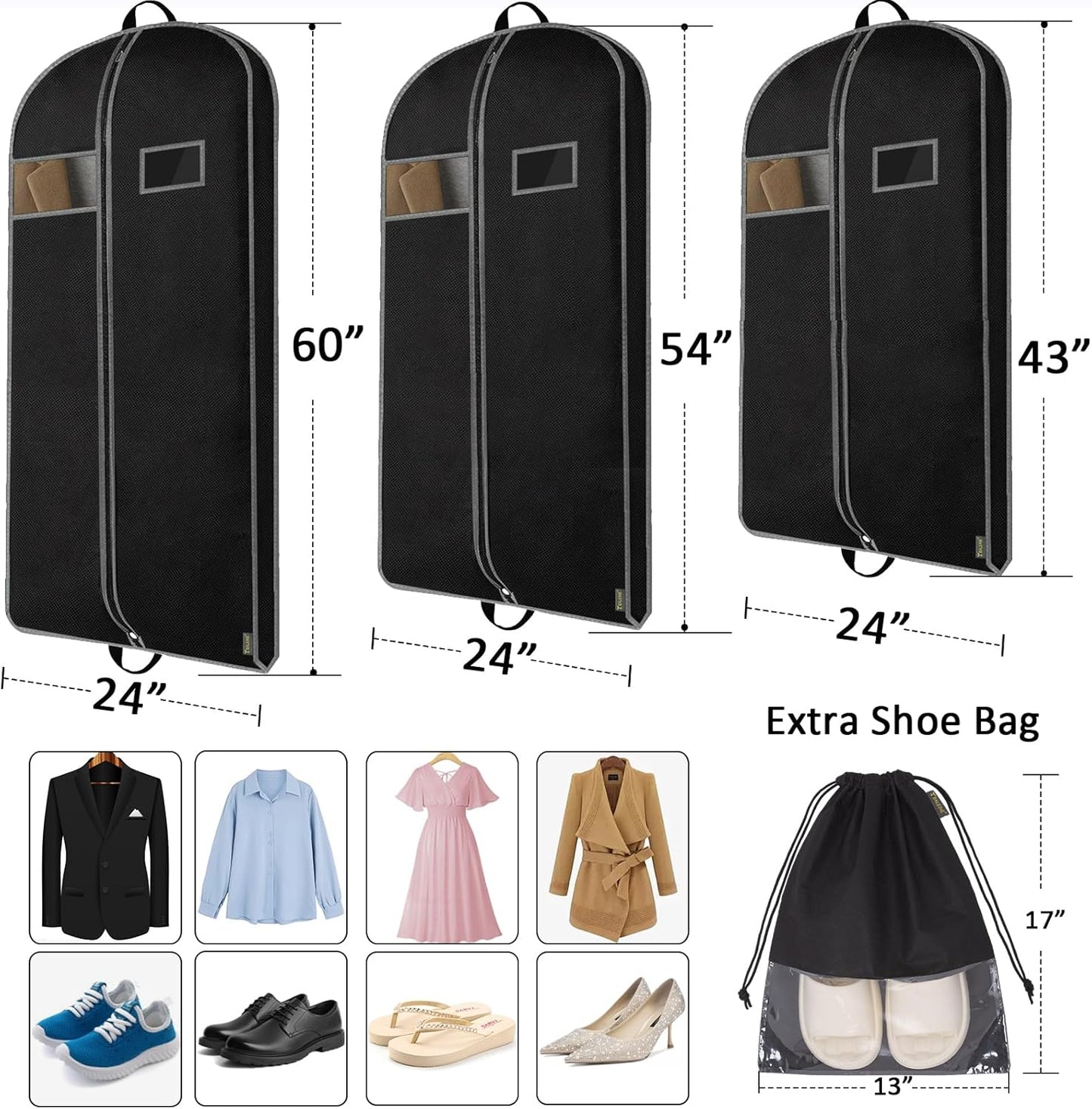 BALEINE 5PK Heavy Duty Garment Bag with Shoe Storage Travel Bag for Dresses, Suit, Coats Travel Essential (43", Black)