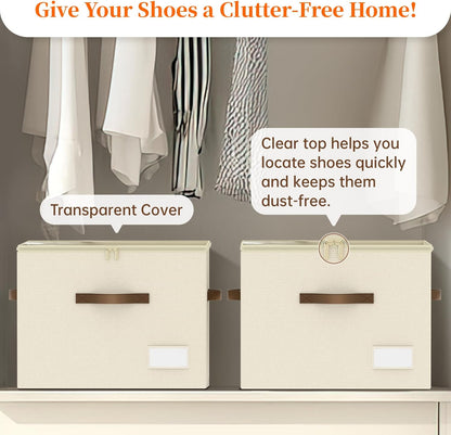 Shoe Organizer for Closet, Foldable Shoe Storage Containers, Fits up to 16 Pairs, Large Shoe Storage Organizer Box Cubby Baskets Bins with Clear Cover and Reinforced Handles, Beige