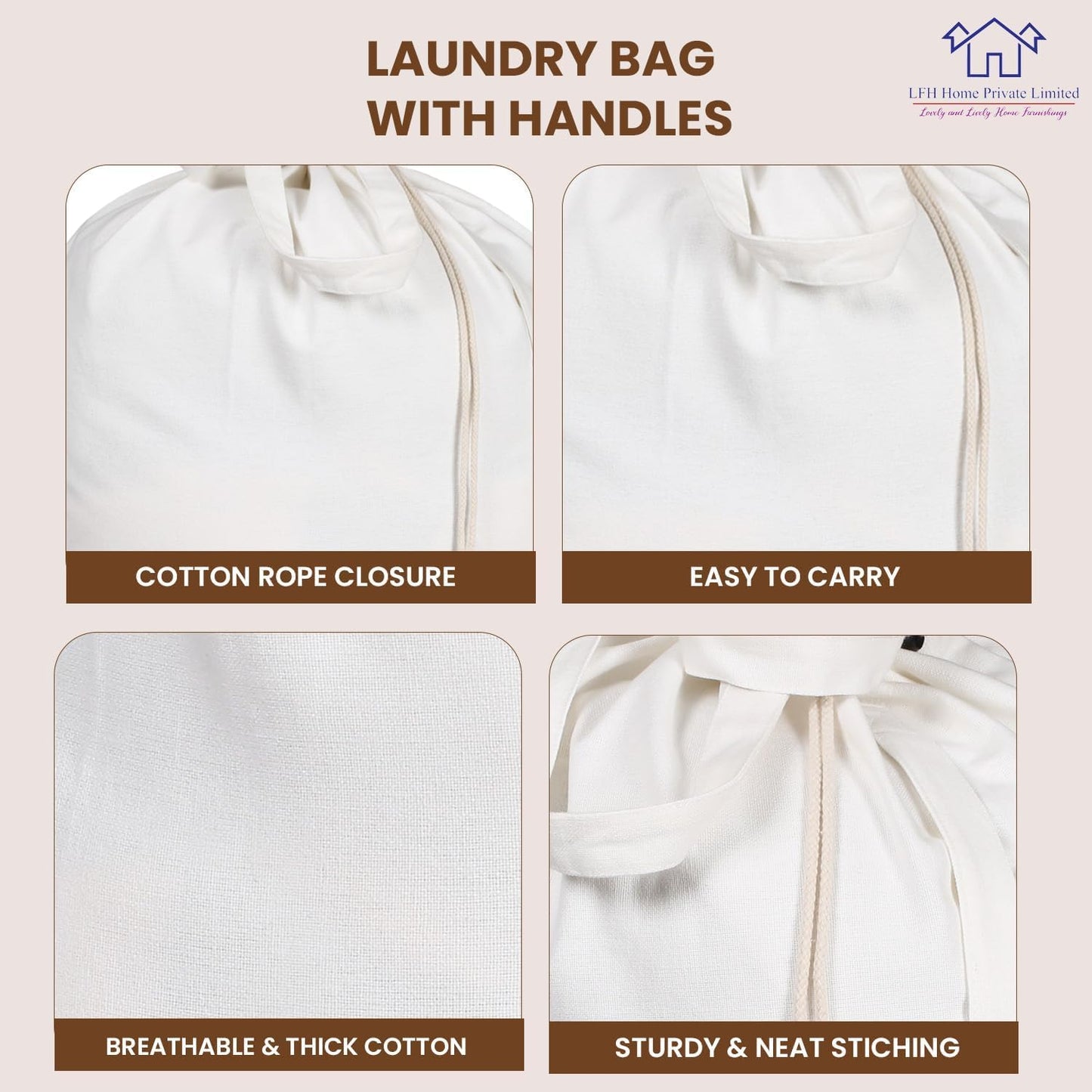 LFH Home Cotton Canvas Large Laundry Bag with Handle, Heavy Duty Drawstring Closure Washable Laundry Bags, School Travel, Home, Hotel, College Dorm, Organizer Sack, Toy Clothes 28x36 (Pack of 6)-White