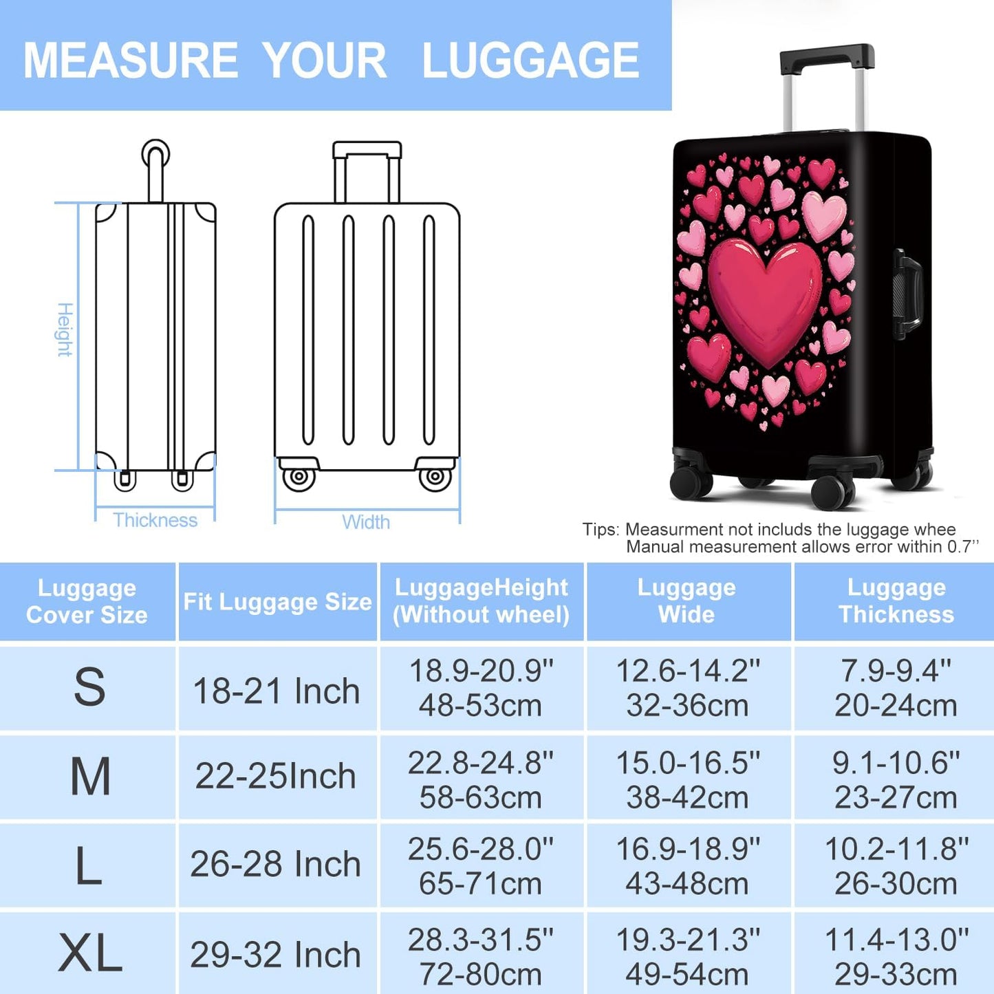 Luggage Cover Washable Suitcase Protector Anti-Scratch,Stretchable Fit for 20-34Inch Luggage Durable Travel Bag Cover with Zipper Closure (Heart, S(fits 20-22inch suitcase))