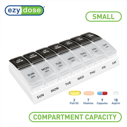 EZY DOSE Weekly (7-Day) Daily AM/PM Pill Case, Medicine Planner, Vitamin Organizer, Supplement Container, Small Pop-out Compartments, Designed for Travel, 2 Times a Day, Black and Clear Lids