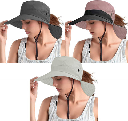 Rosoz Ponytail Sun Bucket Hats for Women UV Protection Foldable Mesh Wide Brim Hiking Beach Fishing Summer Safari