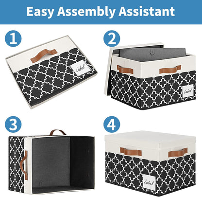 GhvyenntteS Fabric Storage Bins with Lids 3 Pack, Foldable Fabric Storage Boxes with Lids and 3 Handles, Sturdy Closet Organizers and Storage Bins with Label Window for Home (White&Lattice Black)