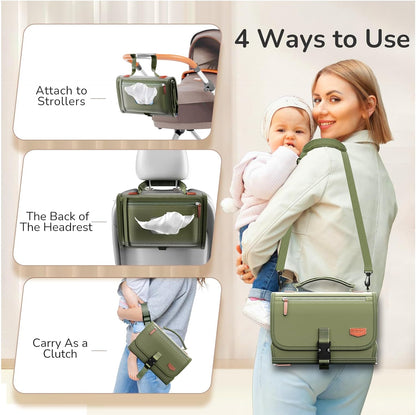 Portable Diaper Changing Pad with Shoulder Strap, Detachable Travel Changing Pad with Baby Wipes Pocket, Gifts for Baby Shower, Newborn Girls and Boys (Army Green)