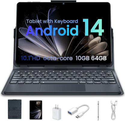Tablet 10 Inch Android Tablets | with 10GB RAM + 64GB ROM (1TB Expand) | Octa-Core | 1280x800 IPS HD Touchscreen | Dual Camera | 6000mAh. Tablet with Keyboard (Blue)
