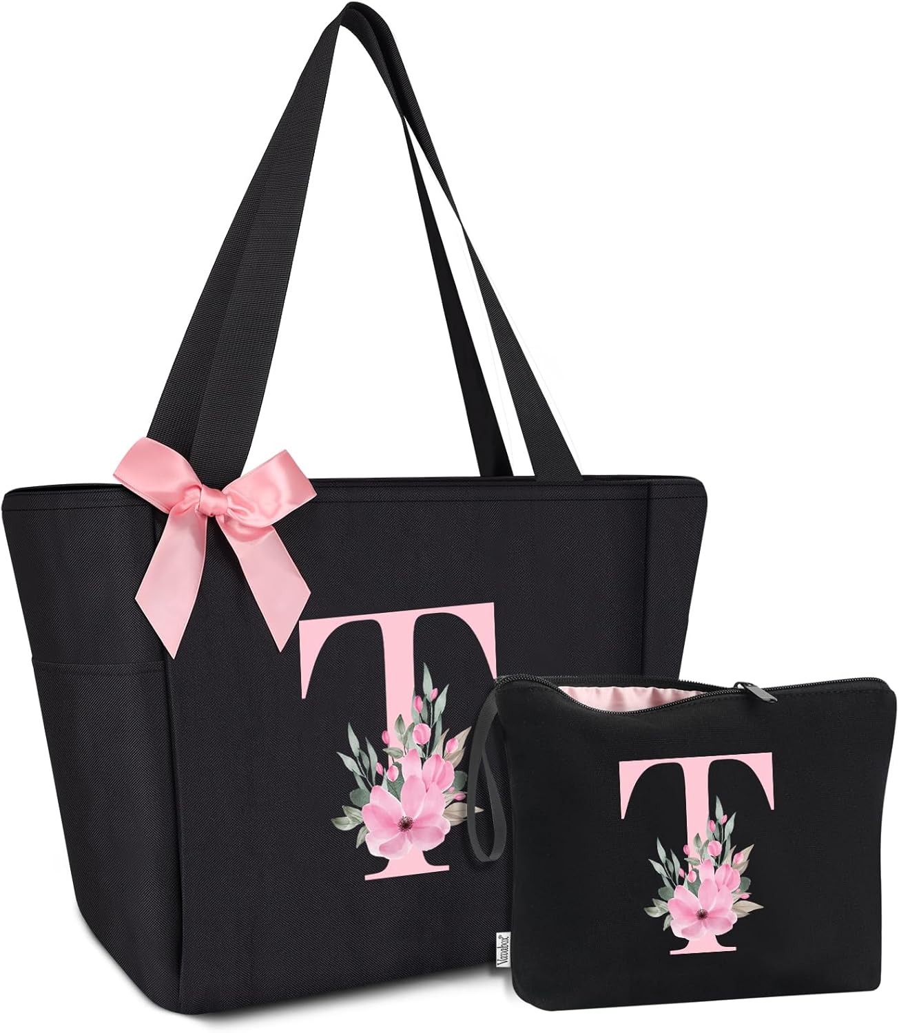 Vavabox Tote Bag, A-Z Initial Monogrammed Waterproof Tote Bag, Bridesmaid Gifts for Women, Black and Pink