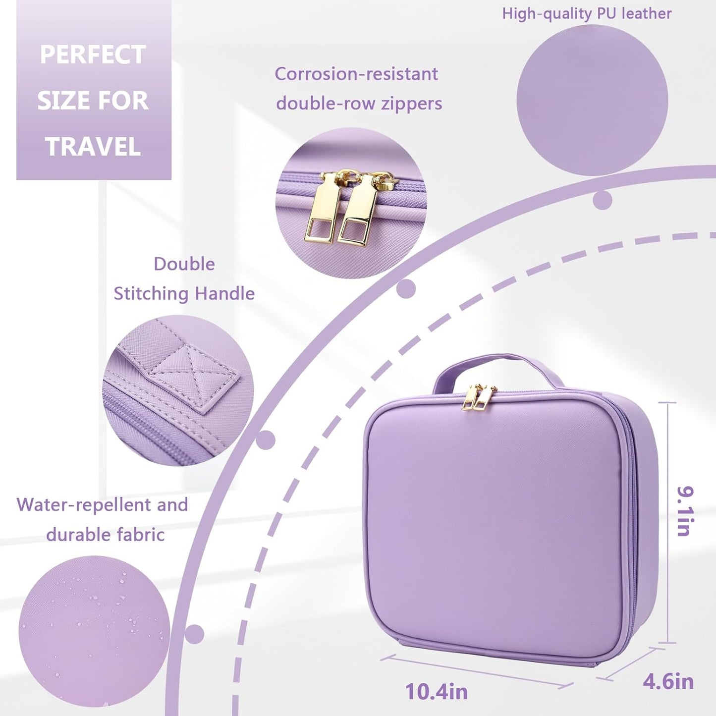 Travel Makeup Bag for Makeup Artists Large Makeup Case,with Mirror 3 Color Setting and Detachable 10x Magnifying Mirror Travel Makeup Bag,Portable Storage and Adjustable Dividers（Purple）