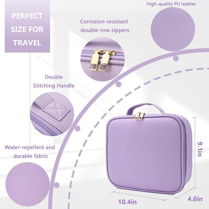 Travel Makeup Bag for Makeup Artists Large Makeup Case,with Mirror 3 Color Setting and Detachable 10x Magnifying Mirror Travel Makeup Bag,Portable Storage and Adjustable Dividers（Purple）