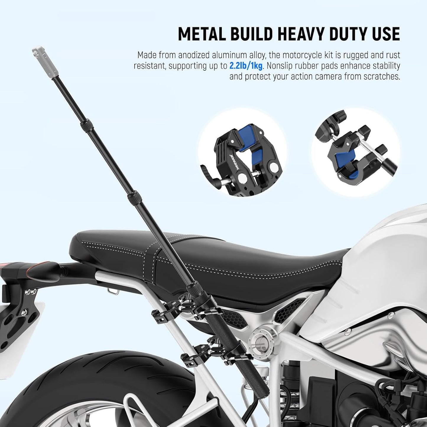 NEEWER Motorcycle Camera Mount Kit, Bicycle Handlebar Invisible Selfie Stick with Dual Ball Heads, Super Clamps, Action Camera Adapter Compatible with GoPro Insta360 DJI AKASO Action Cameras, GP-30