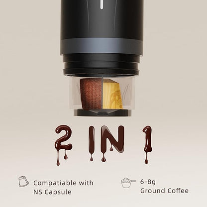 Portable Espresso Maker,Self-Heating Electric Mini Coffee Machine,20 Bar Pressure Compatible with NS Pods & Fine Grind for Travel, Camping, Hiking(Black)