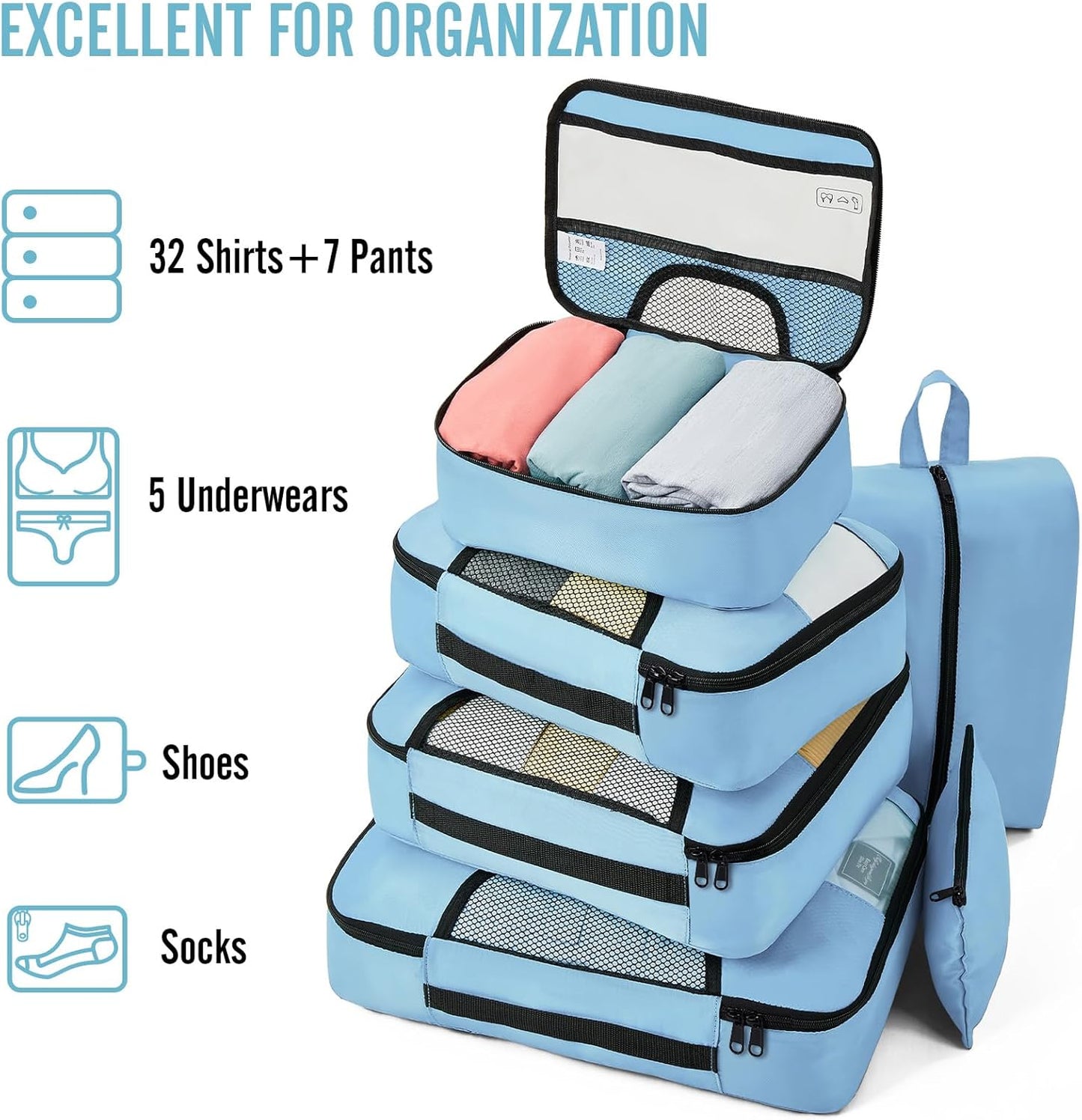 Veken 8 Set Packing Cubes for Travel Essentials, Suitcase Organizer Bags in 4 Sizes, Carry-On Luggage Accessories with Large Laundry & Hanging Toiletry Bag, Must-Have for Airplane, Road Trip & Camping