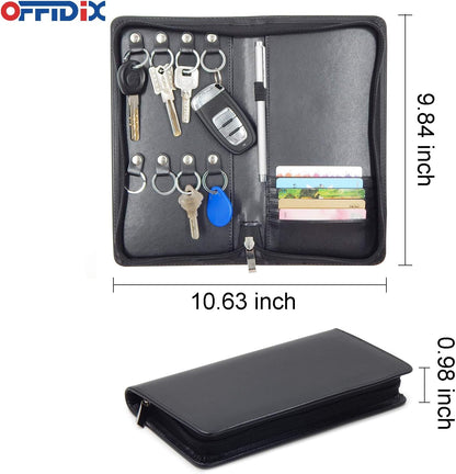 OFFIDIX PU Leather Portable Key Cabinet,8-Key Hooks Portable Zippered Key Case Menus Card Organizer Holder Business Padfolio for Real Estate Sales,Hotel Executives, Car Service