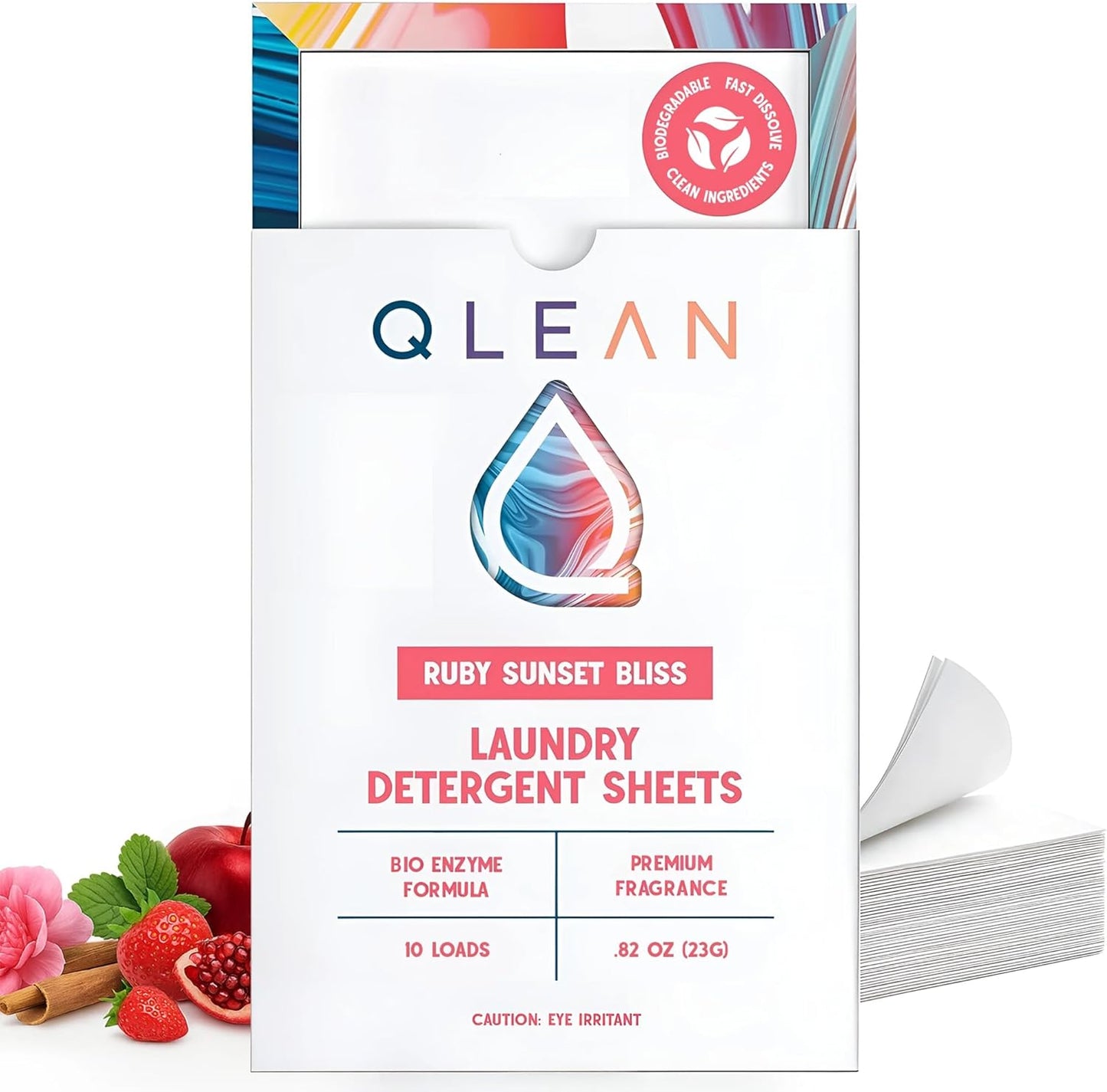 QLEAN Laundry Detergent Sheets (Travel Size 10 Loads) – Travel Laundry Detergent Sheets, Eco-Friendly Laundry Soap, HE & Standard Washer Safe, Stain Remover, Skin-Friendly - Ruby Sunset Bliss