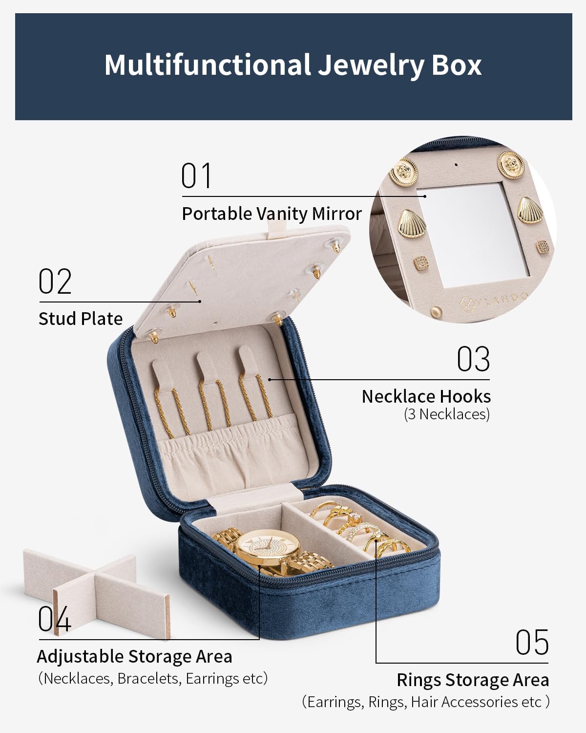 Vlando Velvet Jewelry Case, Travel Box for Women, Portable Organizer With Mirror - Small, Dark Blue