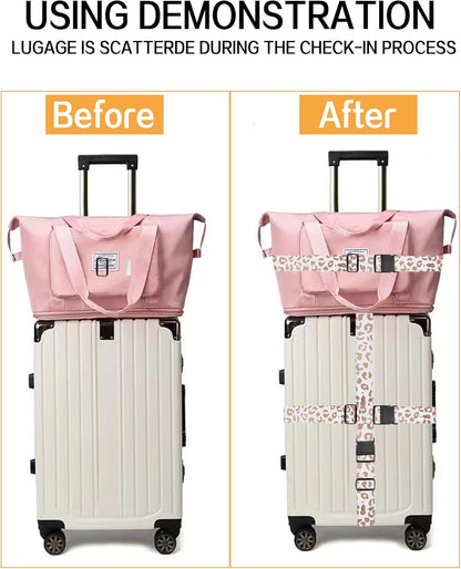 Luggage Straps for Suitcases, Adjustable Travel Belt, Durable Wide Luggage Strap, Cute Suitcase Strap Identifiers with Buckle, Bag Straps for Luggage, White Pink Leopard