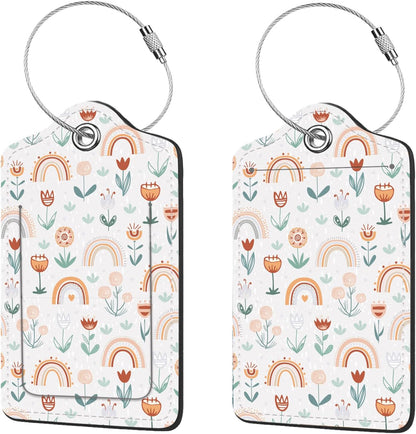 2 Pcs Luggage Tags for Suitcase, Cute Unique PU Leather Travel Bag Tag with Privacy Cover ID Label Address Card and Durable Metal Ring Suitable for Men Women Children Backpack,Rainbow and Flowers