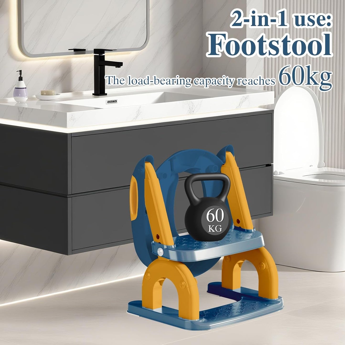 Potty Training Seat for Toddlers, Adjustable Height 2-in-1 Potty Training Toilet Ladder for Kids Boys Girls with Splash Guard, Waterproof Cushion, Anti-Slip Pad Step Stoo - Dark Blue