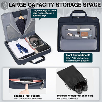 RAINSMORE Garment Bags for Travel Carry On Garment Bag for Hanging Clothes, Suit Bag for Business Trips with Shoes bag & Shoulder Strap, Waterproof Foldable Suit Luggage Bag for Men Women, Blue