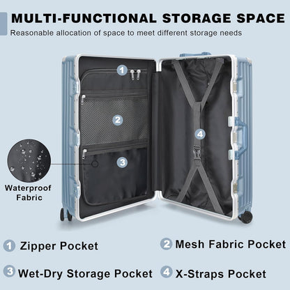 AnyZip Luggage PC+ABS Aluminum Frame Zipperless Checked Luggage Hard Shell Suitcase with TSA Lock Double Spinner Wheels 24 Inch Haze Blue