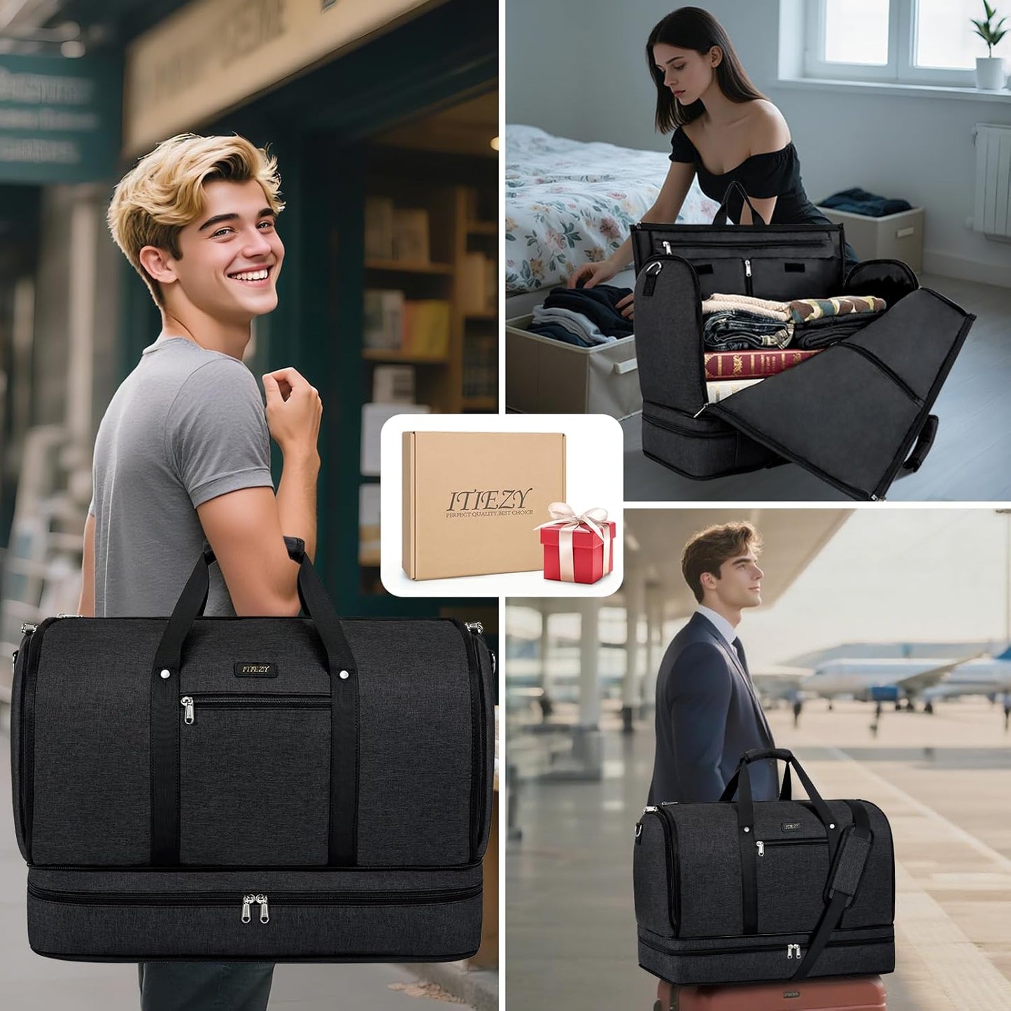 Garment Duffle Bag for Travel - Convertible Carry on Garments Duffel Bags Travel Bag for Women Men Large Weekender Bag with Shoes Compartment 3 in 1 Hanging Clothes Suit Dress Bag 3pcs Set