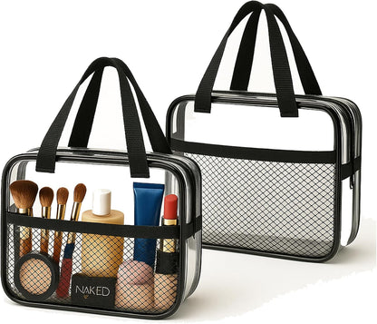 XEWEA 2PCS Middle TSA Approved Clear Travel Toiletry Bags for Men Women, Transparent Makeup Cosmetic Bag with Handle Zipper, Waterproof PVC Quart Organizer Pouch for Airport Airline Essential, Balck