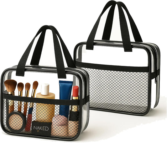XEWEA 2PCS Middle TSA Approved Clear Travel Toiletry Bags for Men Women, Transparent Makeup Cosmetic Bag with Handle Zipper, Waterproof PVC Quart Organizer Pouch for Airport Airline Essential, Balck