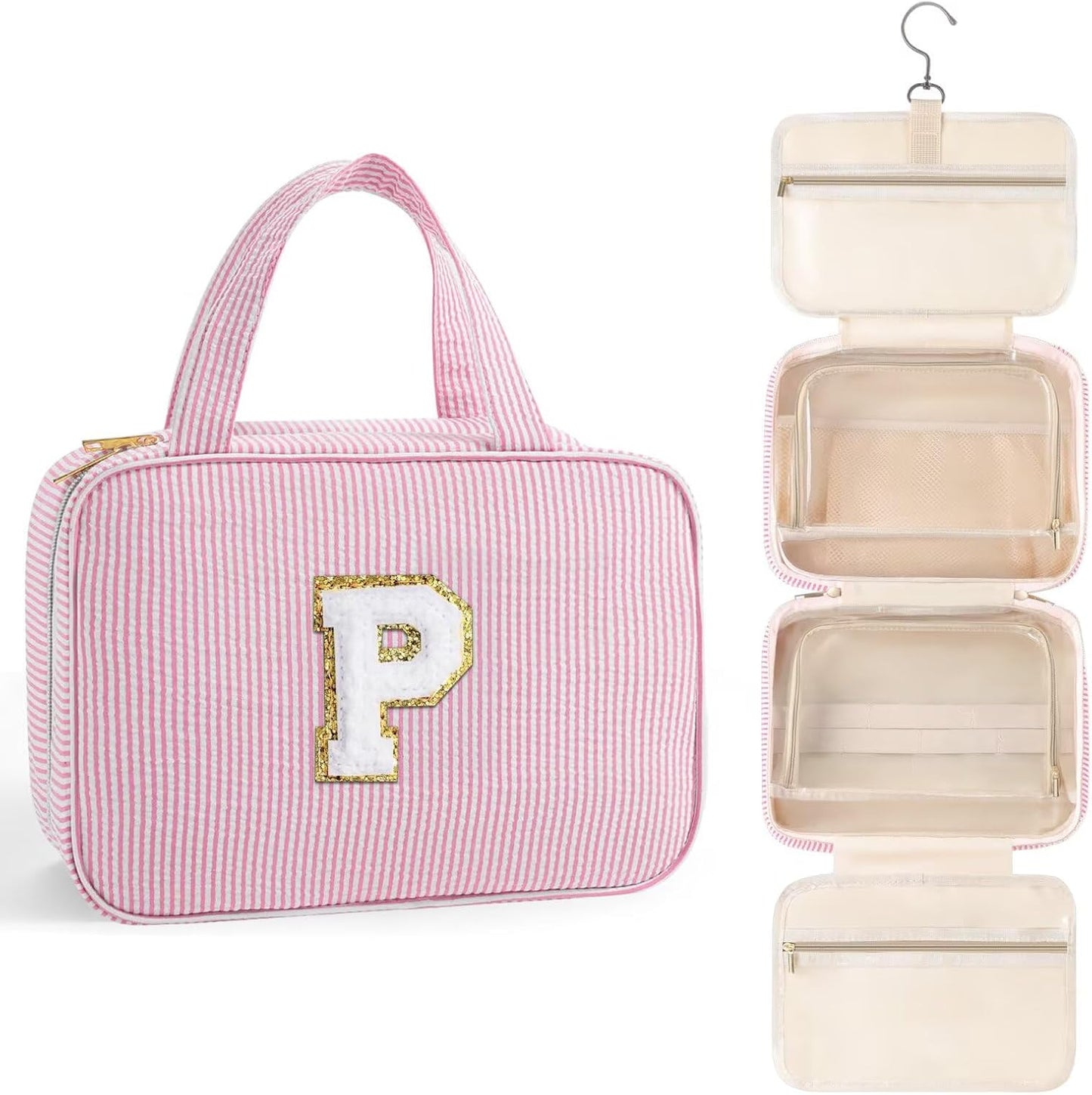 TOPEAST Hanging Toiletry Bag for Women - Travel Toiletry Bag Makeup Bag, Portable Toiletries Cosmetic Bag, Airplane Travel Essentials - Letter P, Pink