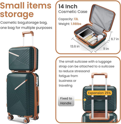 Campfun Luggage Sets 4 Piece, Expandable Carry On Luggage Set Hardshell PP, Suitcase Set with Double Spinner Wheels, Checked Durable Lightweight with TSA Lock, 14/20/24/28in, Dark Green Brown(B)