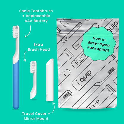 Quip Sonic Toothbrush for Adults with Timer - Includes Extra Brush Head and Travel Cover Mount - Electric, Soft Bristle Refill Head, Plastic Handle, 3 Month Battery Life - Travel Toothbrush - Blue