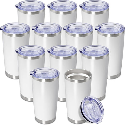 20 oz Tumbler Coffee Tavel Tumblers Bulk with Lid Stainless Steel Double Wall Vacuum Insulated Mug Powder Coated Cups fit Car Cupholder for Hot and Cold - White, 12Pack