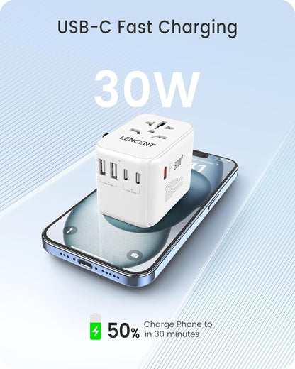 LENCENT Universal Travel Adapter, GaN III 30W International Charger with 2 USB&3 Type-C PD Fast Charging Ports, Worldwide Plug Adaptor for iPhone, Laptops, Type A/C/G/I (USA/UK/EU/AUS), White