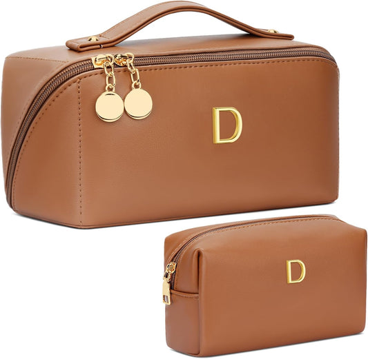Birthday Gifts for Women Teen Girl, Personalized Initial Makeup Organizer Bag Set, Open Flat Travel Cosmetic Bag With Clear Divider and Handle(Brown,D)