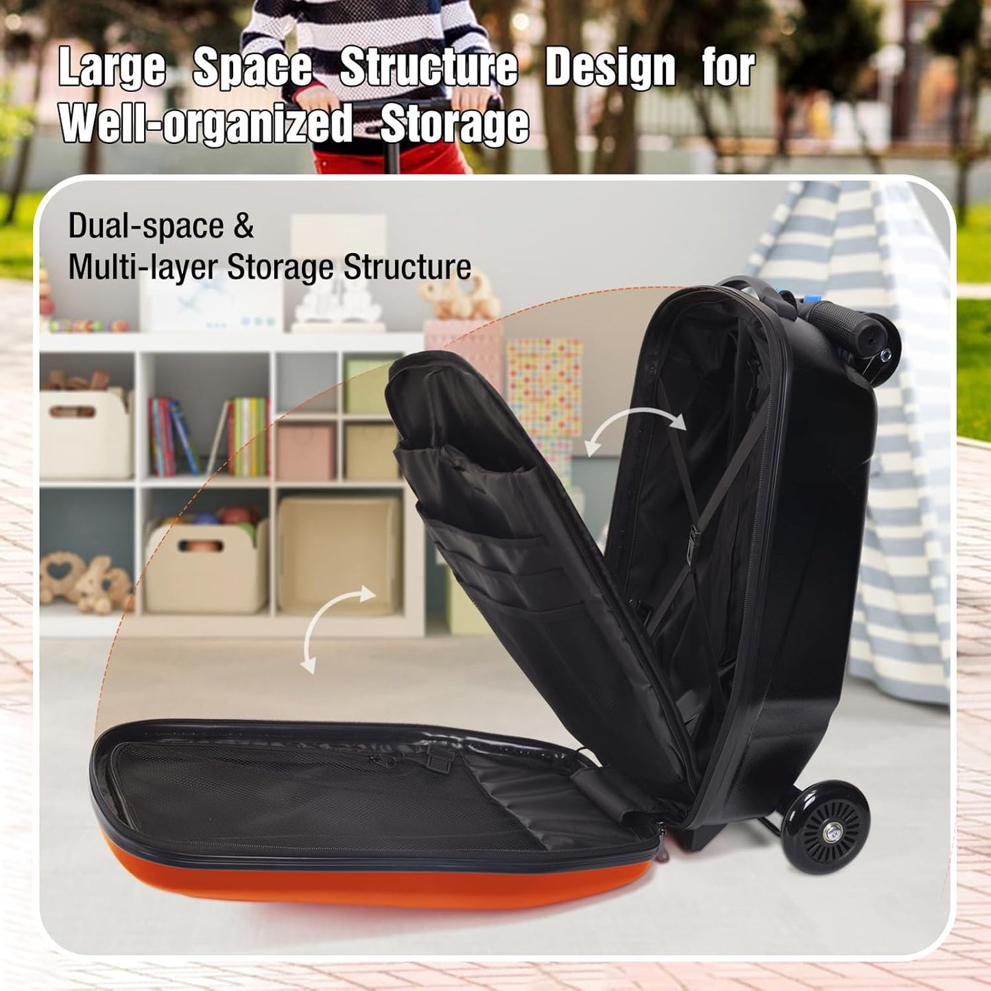 20" Scooter Suitcase for Kids, 2-in-1 Ride On Luggage with Wheels for Boys & Girls Ages 4-15, Foldable Hardshell Carry On Lightweight Travel Suitcase for Airplane (No LED, Orange)