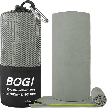 BOGI Microfiber Travel Sports Towel-Quick Dry, Soft Lightweight, Absorbent, Compact for Camping, Gym, Yoga, Swimming, Backpacking (XL:72''x32''+16''x16''-Grey)