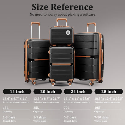 Campfun Luggage 4 Piece Sets, Expandable Carry On Luggage Set Hardshell PP, Suitcase Set with Double Spinner Wheels, Checked Durable Lightweight with TSA Lock, 14in 20in 24in 28in-Black Brown(A)