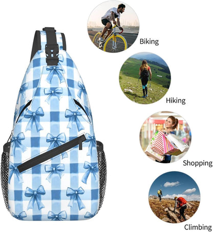 SUPLUCHOM Sling Bag Blue Bows Check Hiking Daypack Crossbody Shoulder Backpack Travel Chest Pack for Men Women