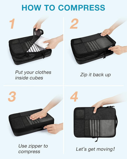BAGSMART Compression Packing Cubes for Travel, 6 Set Packing Cubes for Carry on Suitcases, Compression Travel Cubes & Suitcase Organizer for Packing with Shoe Bag Grey