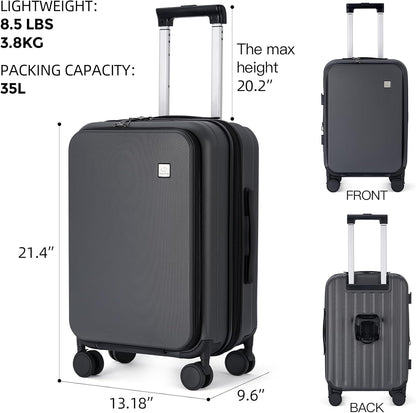 BISON DENIM 20 Inch Carry On Luggage, PC Lightweight Hardside Expandable Carry-On Luggage Airline Approved With Spinner Wheels, Front Compartment, Cup Holde, TSA-approved Lock, USB Port, Dark Grey