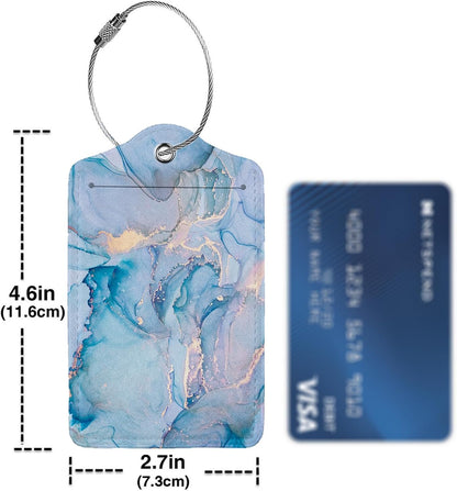 Blue Gold Marble 2 Pack Luggage Tag for Suitcase, Cute Unique Leather Bag Tags Identifiers Privacy Cover ID Label with Steel Loop for Women Men Kids Girls Travel