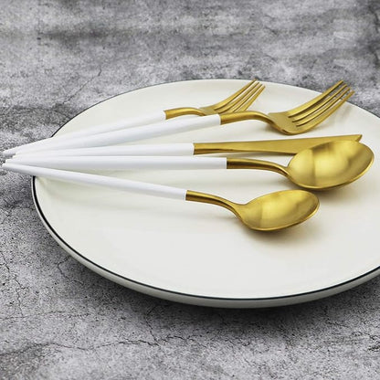 White Handle Matte Gold Silverware Set,Gugrida 5-Piece 18/10 Stainless Steel Satin Finish Flatware Set,Kitchen Utensil Set,Tableware Travel Cutlery Set for Camping Office Lunch, Dishwasher Safe
