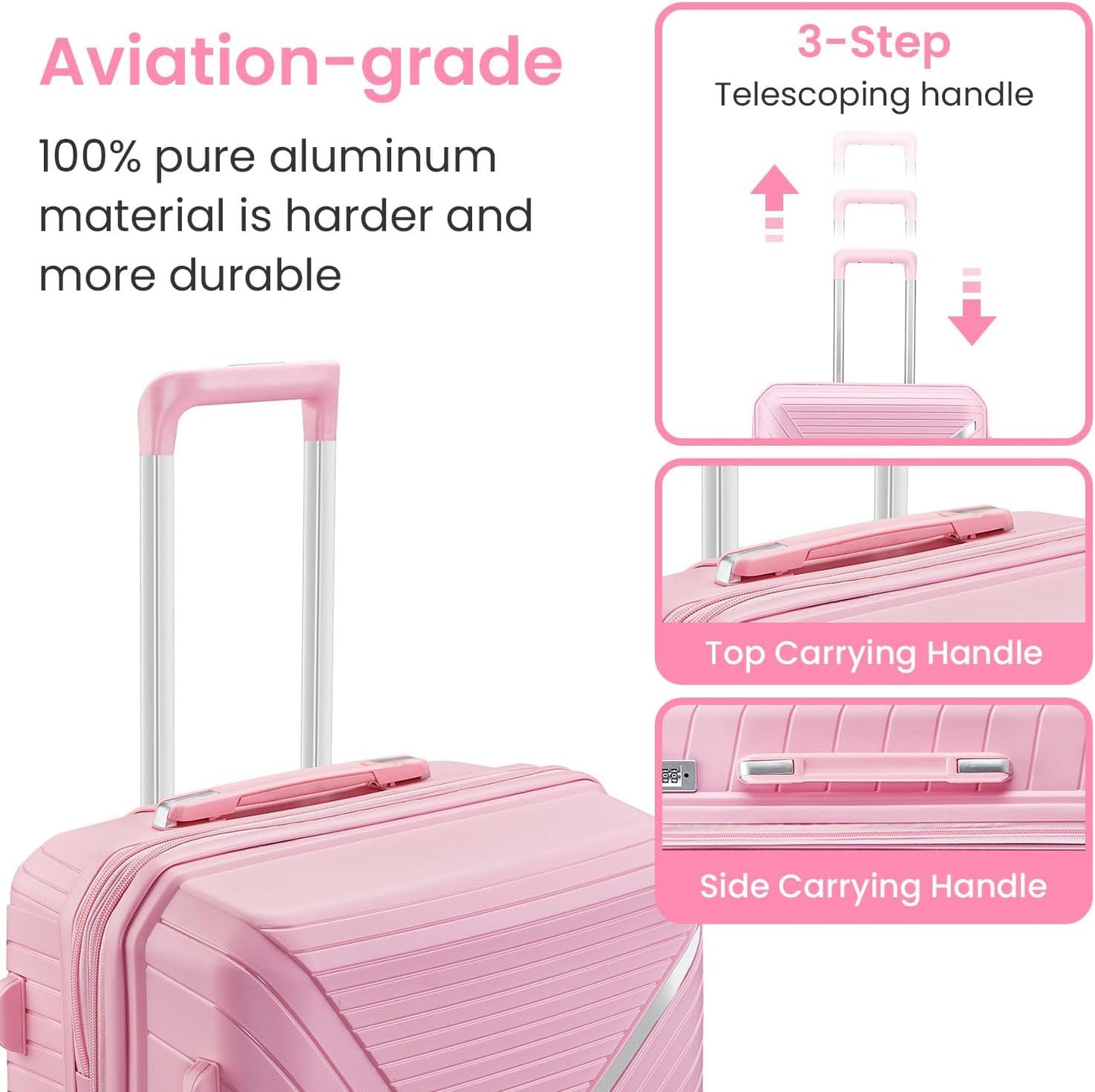 Campfun Luggage 4 Piece Sets, Expandable Carry On Luggage Set Hardshell PP, Suitcase Set with Double Spinner Wheels, Checked Durable Lightweight with TSA Lock, 14in 20in 24in 28in-Pink(B)